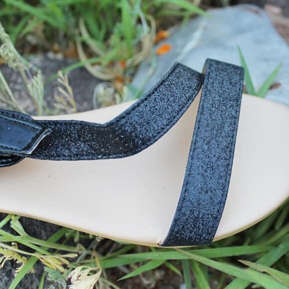 Black Glitter Sandals Shoes Strappy Gold Buckle 5 - Picture 2 of 4